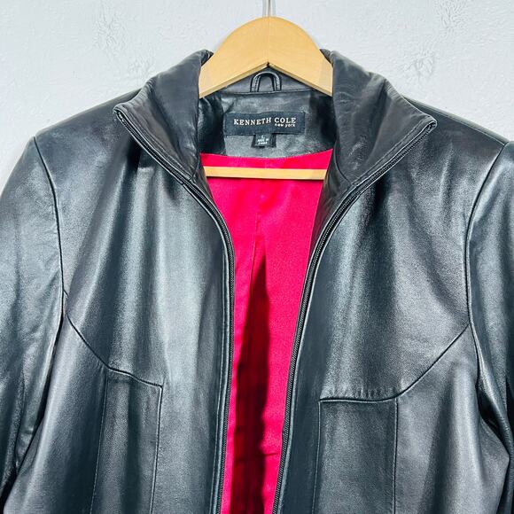 Kenneth Cole Smooth Leather Jacket Coat Black Long Winter - - L - Picture 2 of 6